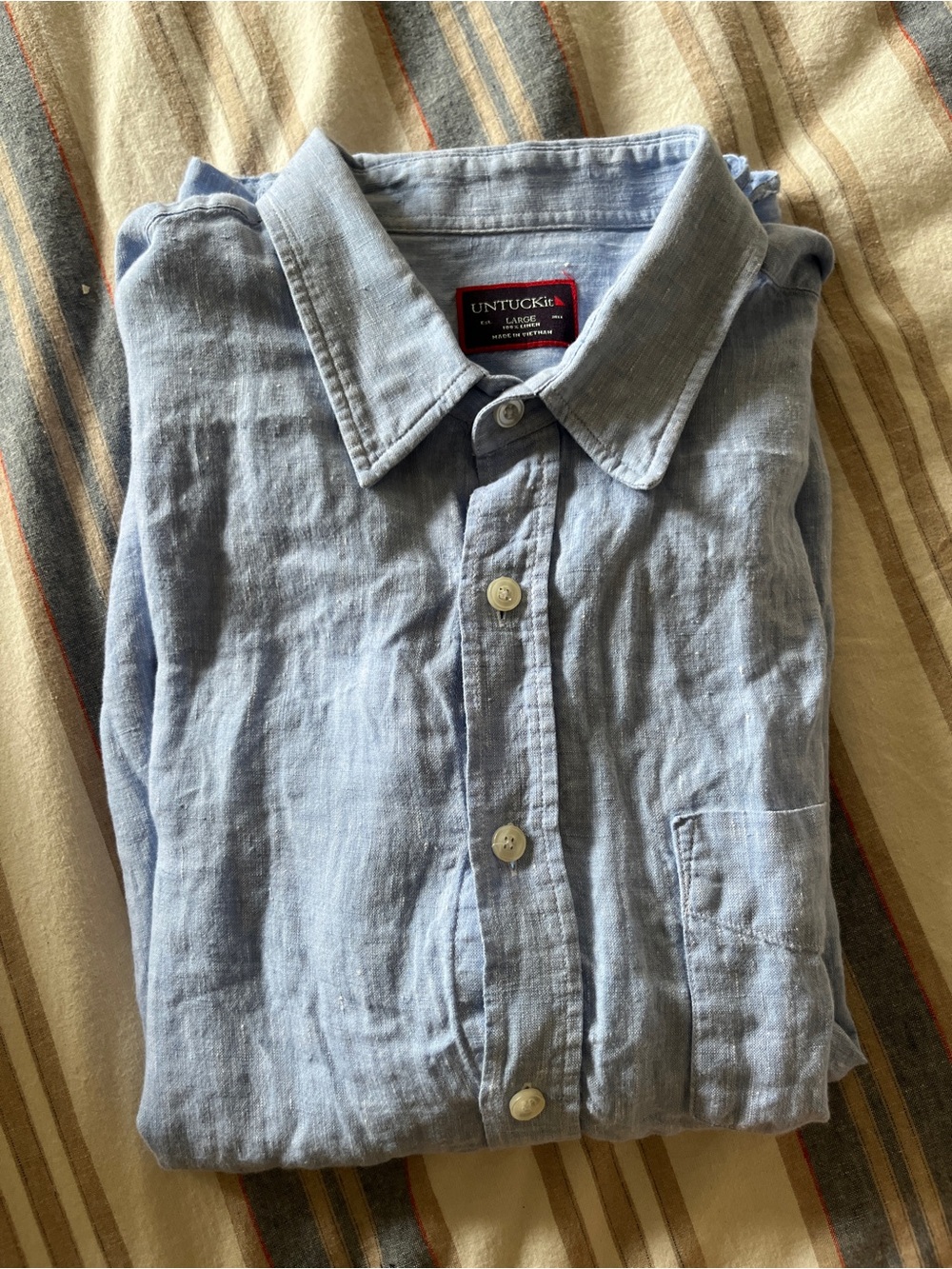 Untuckit Men's Light Blue 100% Linen Button-Down Shirt L short sleeves